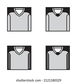 Four vector blank square ice hockey jersey icons on white background. Two collar variants with tip and pentagon. Side bar with a simple line or dotted texture. Sport symbol.