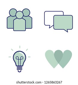 Four vector blue color icons on communication theme. Group of people, dialog box, light bulb, hearts