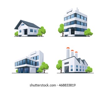 Four vector buildings illustrations in perspective view with green trees in cartoon style. Family house, work office and factory building. - Shutterstock ID 468833819