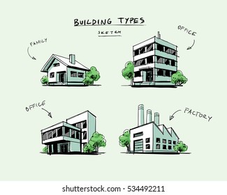 Four vector buildings sketch drawigns in perspective view with trees. Family house, work office and factory building. Hand drawn cartoon vector illustration.