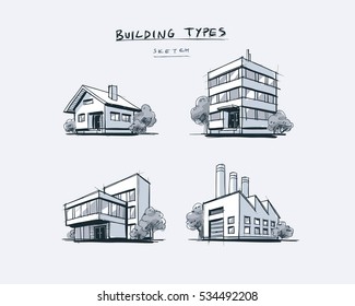 Four Vector Buildings Sketch Drawings In Perspective View With Trees. Family House, Work Office And Factory Building. Hand Drawn Cartoon Vector Illustration.