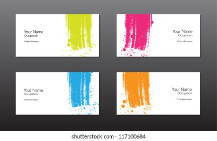 Four vector business cards template with hand painted brush strokes backgrounds with splatters