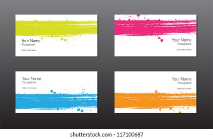 Four vector business cards template with hand painted brush strokes backgrounds with splatters