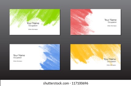 Four vector business cards template with hand painted brush strokes backgrounds with splatters