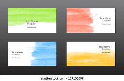 Four vector business cards template with hand painted brush strokes backgrounds with splatters