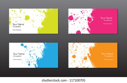 Four vector business cards template with hand painted brush strokes backgrounds with splatters