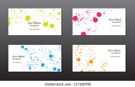 Four vector business cards template with colorful paint splatters