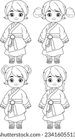 Four vector cartoon characters of Asian origin for colouring activities