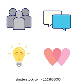 Four vector color icons on communication theme. Group of people, dialog box, light bulb, hearts