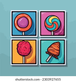 Four vector colorful candy element illustrations in table style.