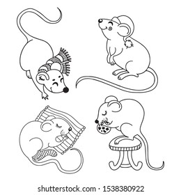 Four vector cute outlined mice set. Elements for coloring book, stickers, prints, posters and card decorations. Isolated on white background.