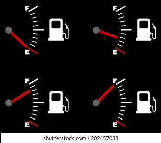Four vector drawings depicting a fuel gauge. full and empty petrol gauge (gas tank, gas gages), vector art image illustration, isolated on black background