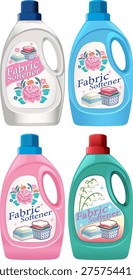 Four vector fabric softener bottles with floral labels, pastel colors, and clean, bright design