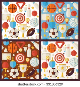 Four Vector Flat Competition Sport Recreation Patterns Set. Sports and Activities Flat Design Vector Illustration. Background. Set of Team Games First place and Sport Items 