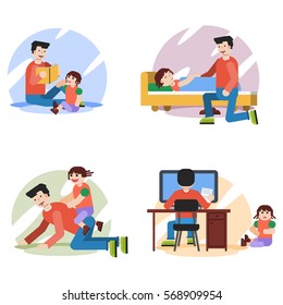 Four vector flat illustrations of family situation. Father spends time during the day with daughter at home - reading, playing, bedding at home. Suitable design for animation