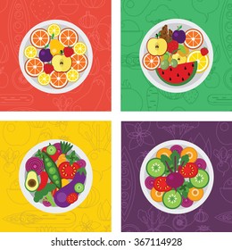 four vector flat illustrations of salads and fruit meals on plate