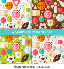 Four Vector Flat Sport Competition Recreation Patterns Set. Sports and Activities Flat Design Vector Illustration. Background. Set of Team Games First place and Sport Items 