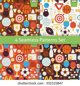 Four Vector Flat Sport Recreation and Competition Patterns Set. Sports and Activities Flat Design Vector Illustration. Background. Set of Team Games First place and Sport Items 
