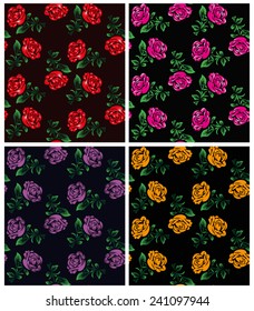 Four vector floral patterns.Fashionable  wallpaper or textile.Different roses isolated on black backgrounds.Ukrainian style.Eps 10.