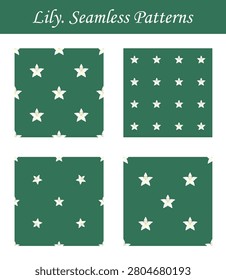 Four vector floral seamless pattern. Isolated icons of lily on green background. Delicate flowers with five white petals. Collection with liliums. Fflat minimalist style with simplified shapes