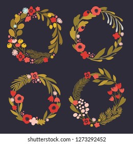 Four vector floral wreaths. Hand drawn design elements set