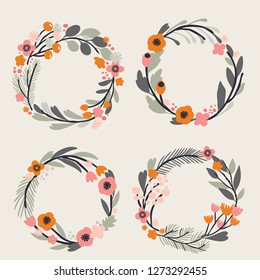 Four vector floral wreaths. Hand drawn design elements set