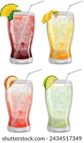 Four vector glasses of assorted fruit drinks