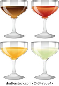 Cuatro vasos vectoriales llenos de coloridos líquidos
