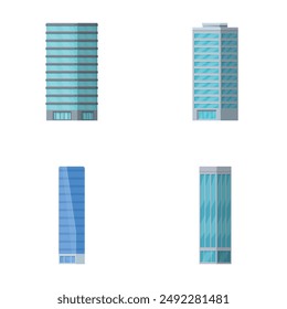 Four vector graphics depicting contemporary skyscraper designs with glass facades