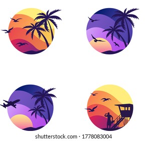 Four Vector Graphics with sunset, birds, lifeguard, palms and plane | Travel Composition