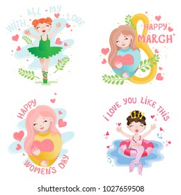 Four vector greeting cards for women's day with cartoon girl, hearts and hand drawn romantic quote.