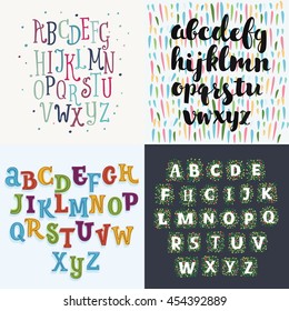 Four vector hand drawn English alphabets. Uppers font, ABC decorated with leaves on dark, handwritten set of letters on  striped background, funny cute kids signs for your lettering, poster and cards