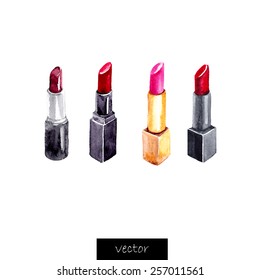 Four vector hand drawn watercolor lipsticks.