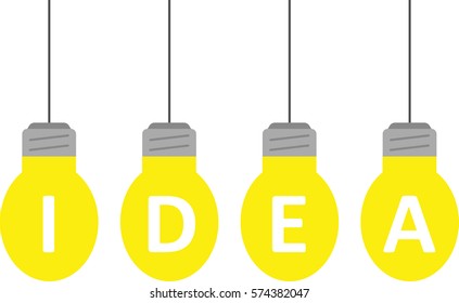 Four vector hanging glowing yellow light bulbs spelling idea.