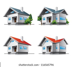 Four vector home buildings illustration in perspective view. Family roof house residential cartoon icons. 