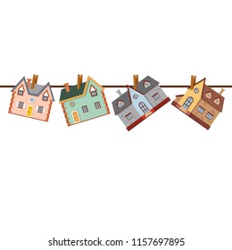 Four vector houses hanging on a rope. Your sweet home. Cartoon summer illustration