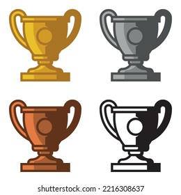 Cuatro iconos vectoriales de trofeo o taza de oro, plata y bronce con plantilla negra sobre fondo blanco.