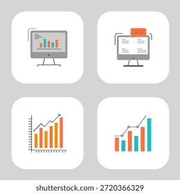 Four vector icons on a gray background, each within a white rounded square. Top left: computer screen displaying a bar chart. Top right: computer screen with text and an orange speech bubble. Bottom left: line graph with orange and red bars. Bottom right: line graph with orange and teal bars and connecting gray line.