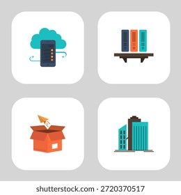 Cuatro iconos vectoriales sobre un fondo gris. La parte superior izquierda muestra un teléfono inteligente con nube. La parte superior derecha muestra tres carpetas de colores en un estante. La parte inferior izquierda presenta una caja naranja abierta con un avión de papel. El color de construcción inferior derecho en azul y gris.