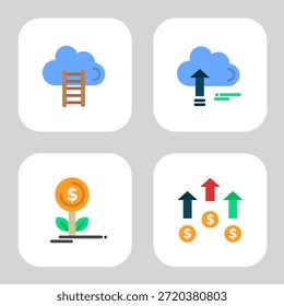 Cuatro iconos vectoriales sobre un fondo gris. La primera es la nube con una escalera, lo que sugiere progreso o acceso. En segundo lugar está la nube con una flecha hacia arriba, que indica Cargar o almacenamiento en la nube. El tercero es una moneda con un signo de dólar que crece de una planta, que simboliza el crecimiento financiero o la inversión. En cuarto lugar hay tres flechas que apuntan hacia arriba sobre las monedas, que representan el aumento financiero o el beneficio.