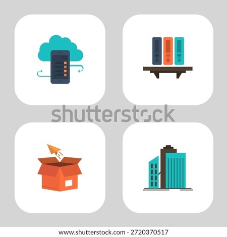 Four vector icons on a gray background. The top left depicts a smartphone with cloud. The top right shows three colorful folders on a shelf. The bottom left features an open orange box with a paper airplane. The bottom right building color in blue and gray.