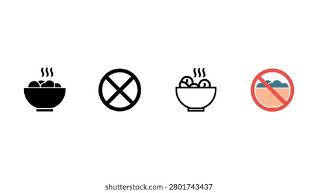 Four vector icons show hot steaming food bowls a universal prohibition sign and cold food restriction