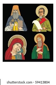 four vector icons of three saint men and one woman with child