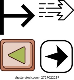 Vier Vektorsymbole für das Webdesign: eine Wiedergabetaste, einen schnellen Vorwärtspfeil, einen grafischen Bewegungspfeil und einen einfachen Pfeil nach rechts.
