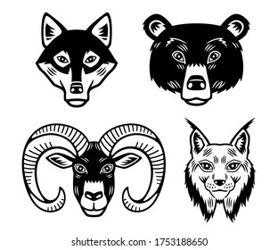 Four vector icons of a wolf head, a bear, a wild ram and a lynx; black and white, in a graphic style very simple, to use like a logo, design element or similar thing.