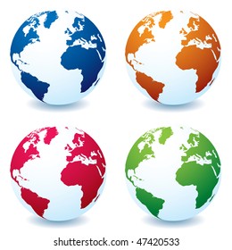 Four vector illustrated realistic earth globes in different colors and shadow