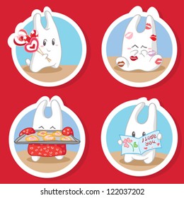 Four vector illustration of cute bunnies. Bunny with lollipops, with heart shape cookies, with love picture-card and bunny cover with kisses.