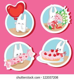 Four vector illustration of cute bunnies. Bunny with balloon, with bouquet, with big candy and bunny trims cake with cherries.