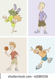 Four vector illustration of funny kids, engaged in different activities, breakdance, basketball, schooling, rolling