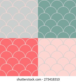 four vector illustration patterns of abstract geometric shapes, in soft red, pink, grey and green  colors
